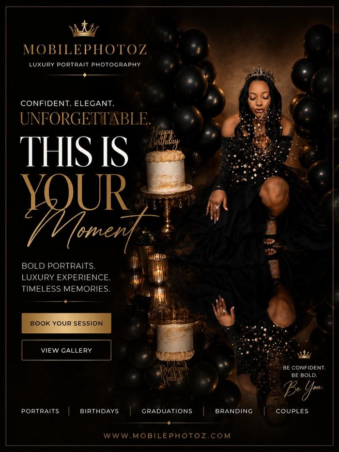 Elegant luxury portrait photography with a birthday theme and black-gold aesthetic.