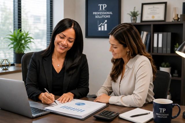 Two professional women discussing business charts in an office.