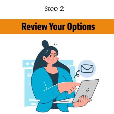 Happy cartoon woman in blue sweater checking her computer for an email. Step 2: Review your options