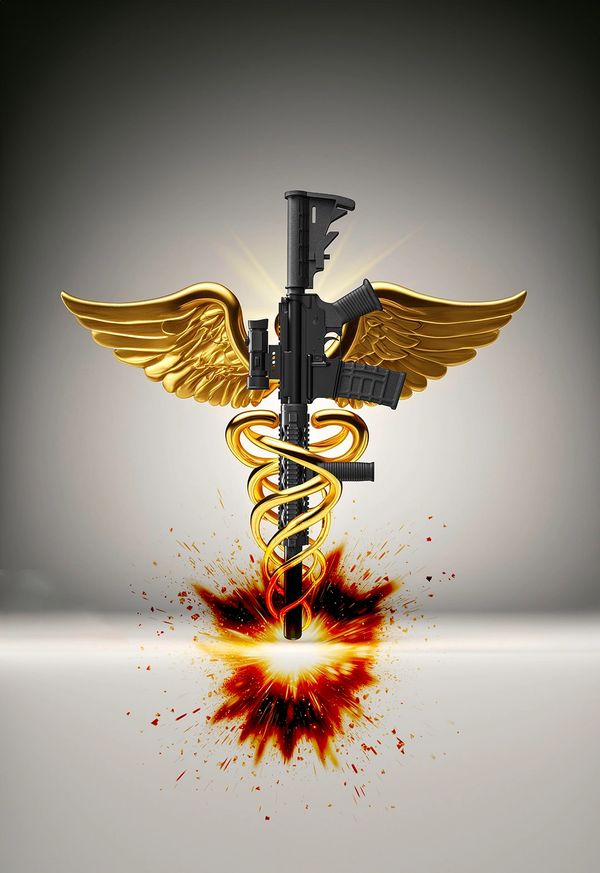 A black rifle entwined with golden wings and serpents above an explosion.