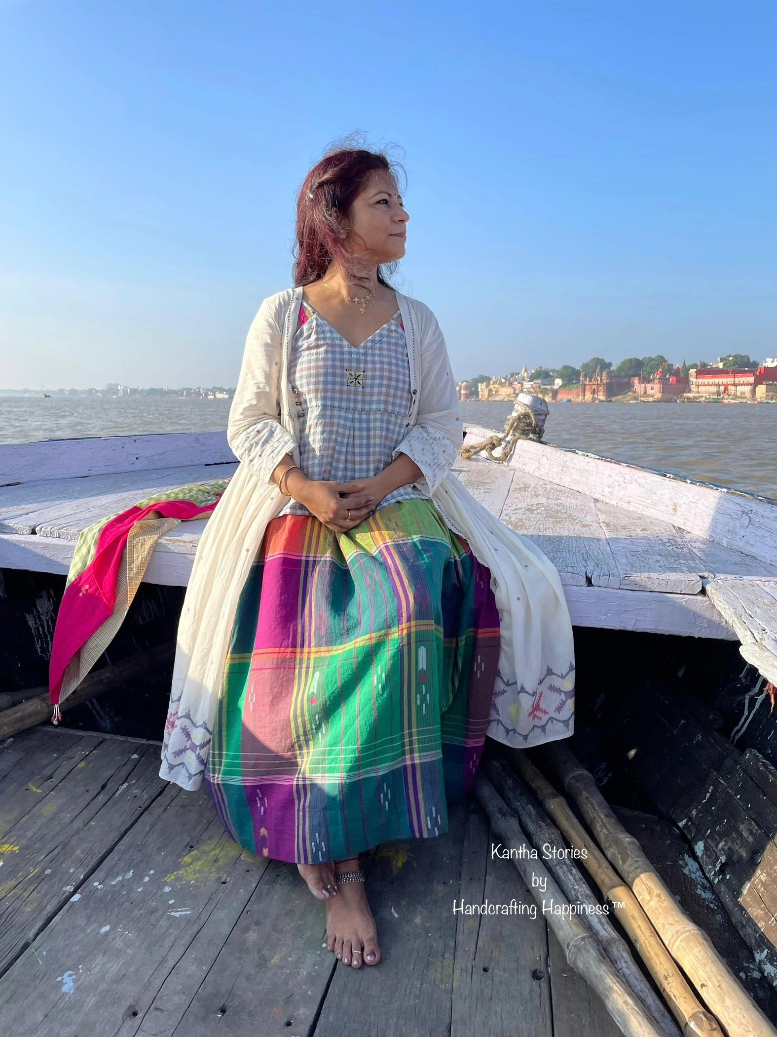 Lovely Kantha Embroidered muslin jamdani overlay, top and multi colour ghingham skirt