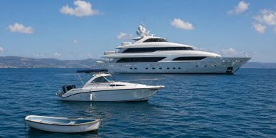Three boats of different sizes floating on calm blue waters under a partly cloudy sky.