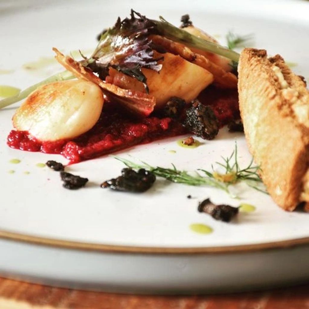 Smoked scallops &  beetroot with bacon & walnuts