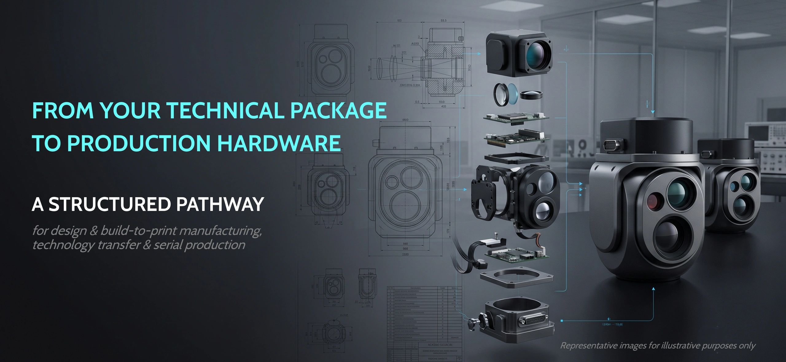 Exploded view of production hardware with technical drawings and manufacturing message.