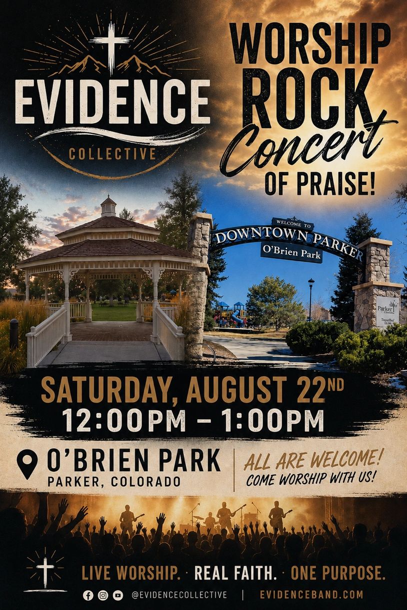 Worship rock concert event poster for August 22 at O'Brien Park in Parker, Colorado.