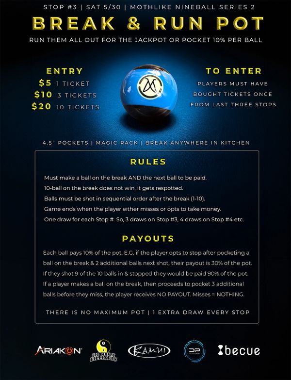 Flyer for Mothlike Nineball Series 2 Break &amp; Run Pot event with entry details, rules, and payouts.