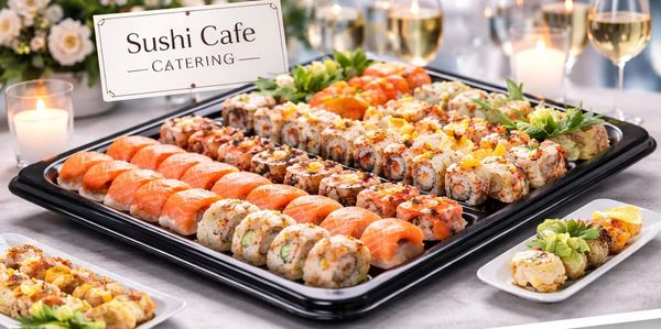 A tray of assorted sushi rolls and nigiri from Sushi Cafe Catering.