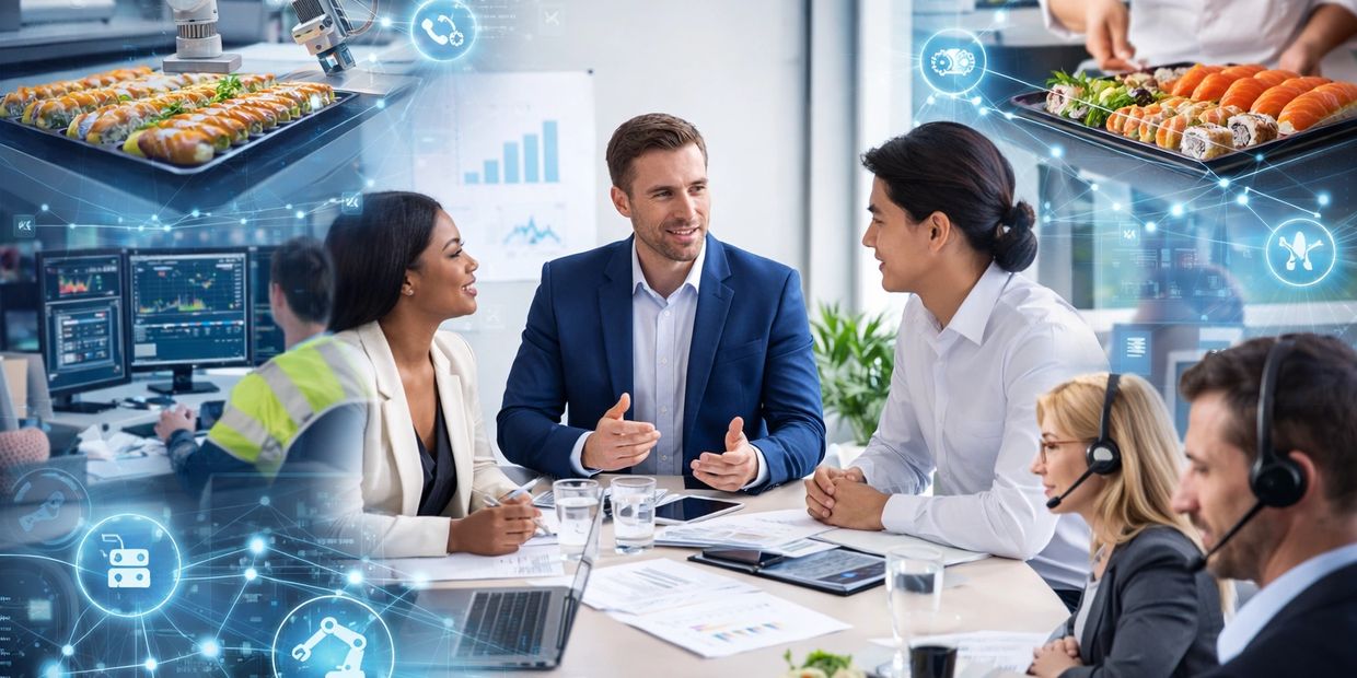 Business professionals discuss data analytics and technology integration in a collaborative meeting.