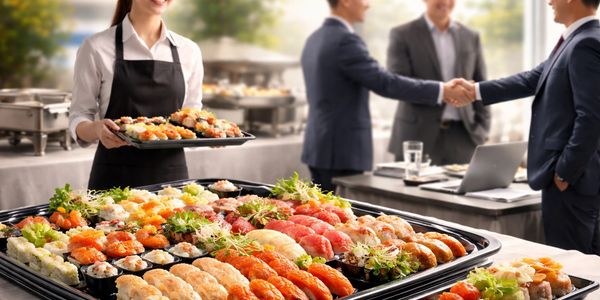 A server presents sushi while business people shake hands in the background.