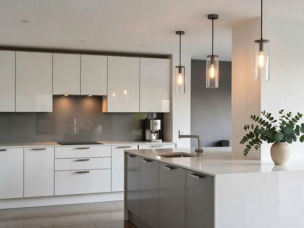 Modern kitchen with white cabinets, island, pendant lights, and a plant in a vase.