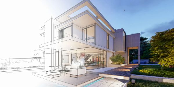Modern house design transitioning from sketch to realistic.