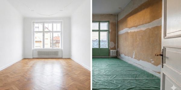 Side-by-side comparison of a renovated room and a room under renovation.