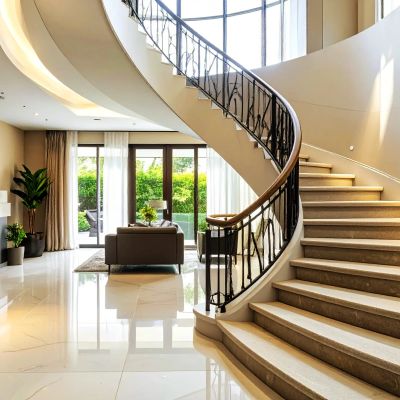 Elegant curved staircase in a modern living room.
