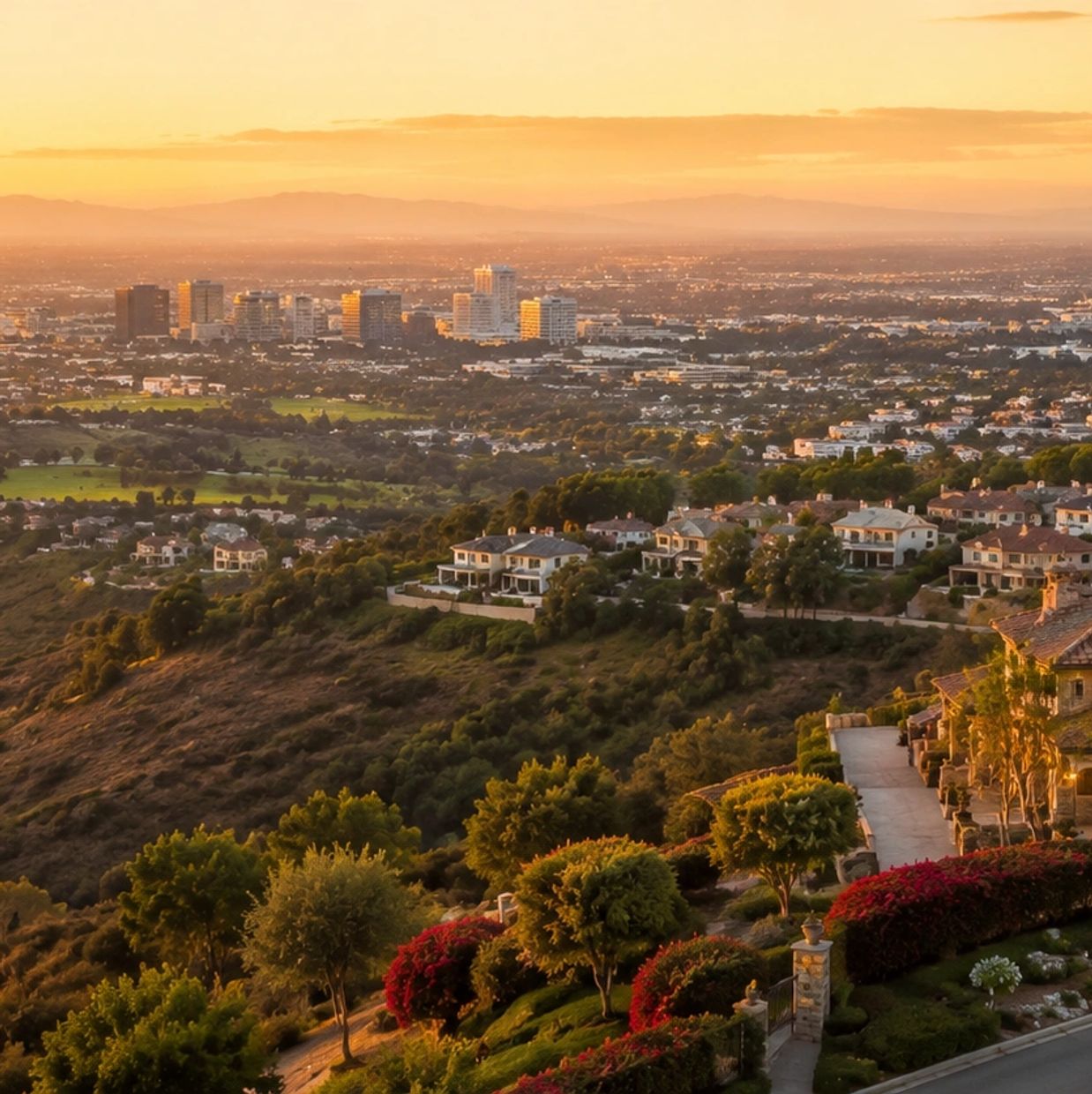 Golden sunset over a hillside neighborhood overlooking a distant city skyline.
