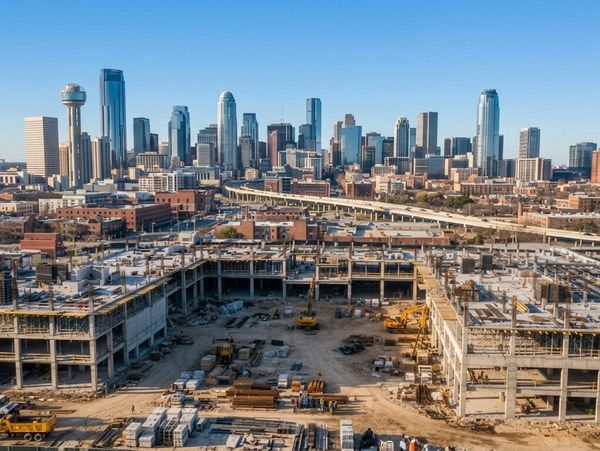 Construction site with city skyline in the background under clear blue sky.