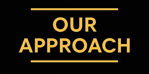 Bold yellow text saying 'OUR APPROACH' on a black background.