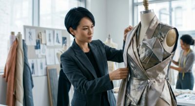 Fashion designer adjusting a stylish garment on a mannequin in a studio.