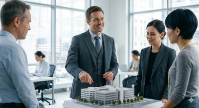 Business team discussing an architectural model in a modern office.
