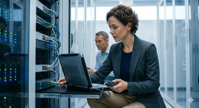 Two IT professionals working on servers in a data center.