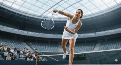 Female tennis player serving on court in a large stadium.