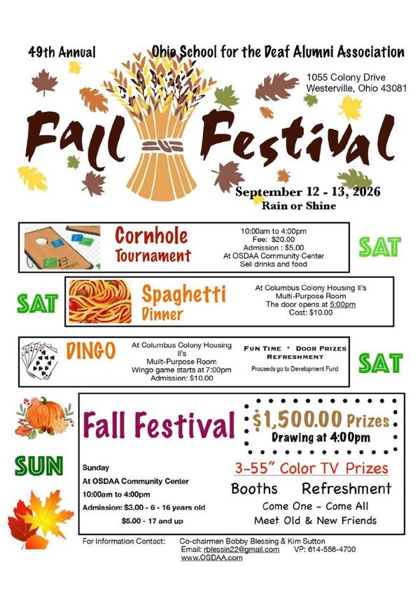 Flyer for Ohio School for the Deaf Alumni Fall Festival, Sept 12-13, 2026.