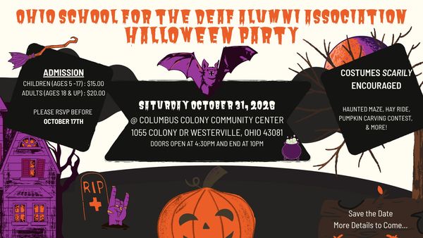 Halloween party announcement for Ohio School for the Deaf alumni.