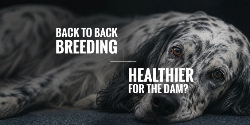 A sad dog lies down with text questioning back-to-back breeding health effects.