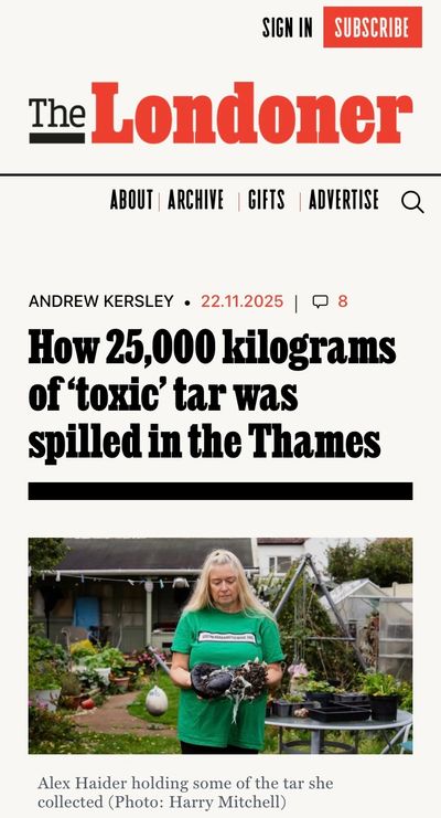Headline about toxic tar spill in the Thames with woman holding tar.