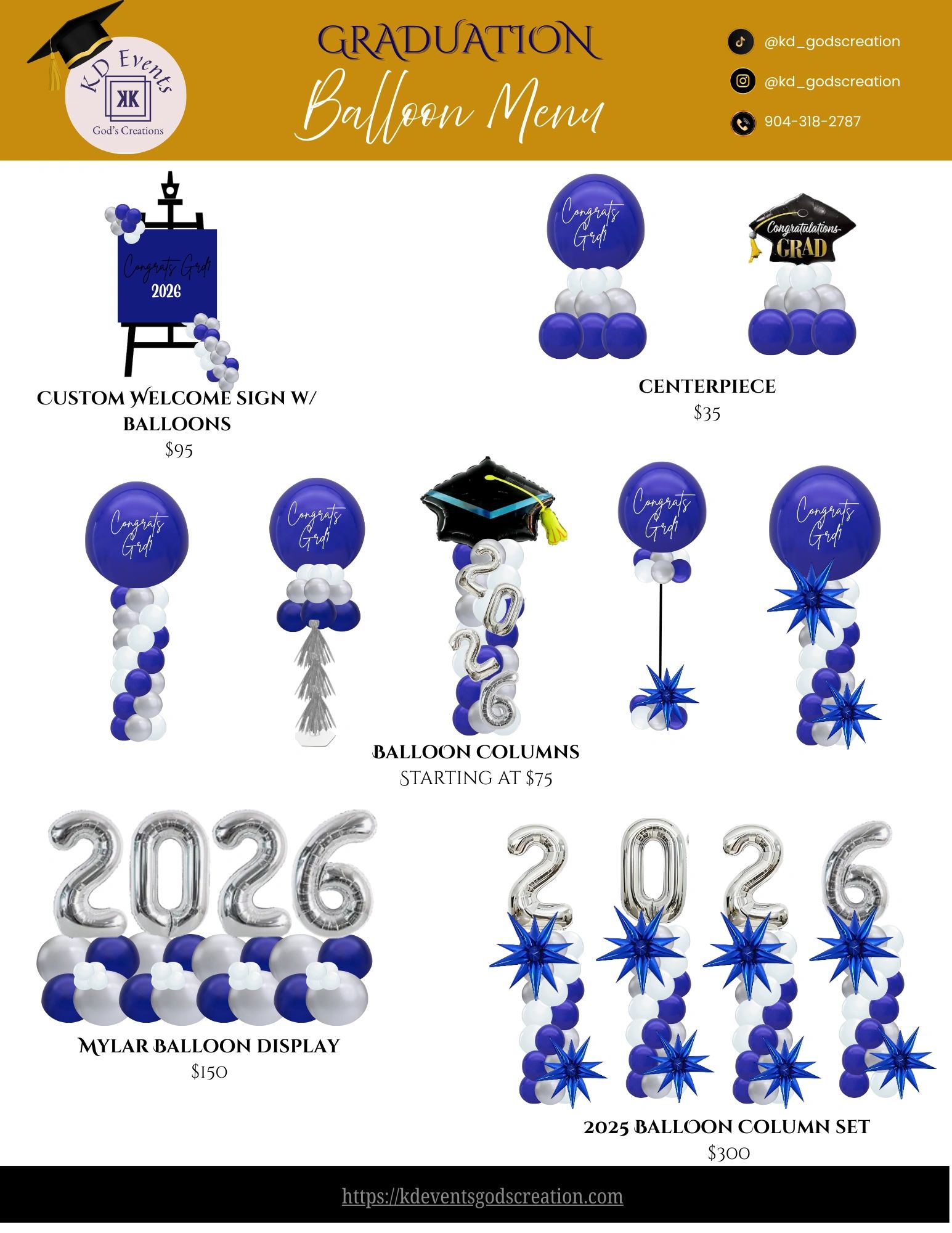 Graduation balloon menu with custom signs and balloon displays.