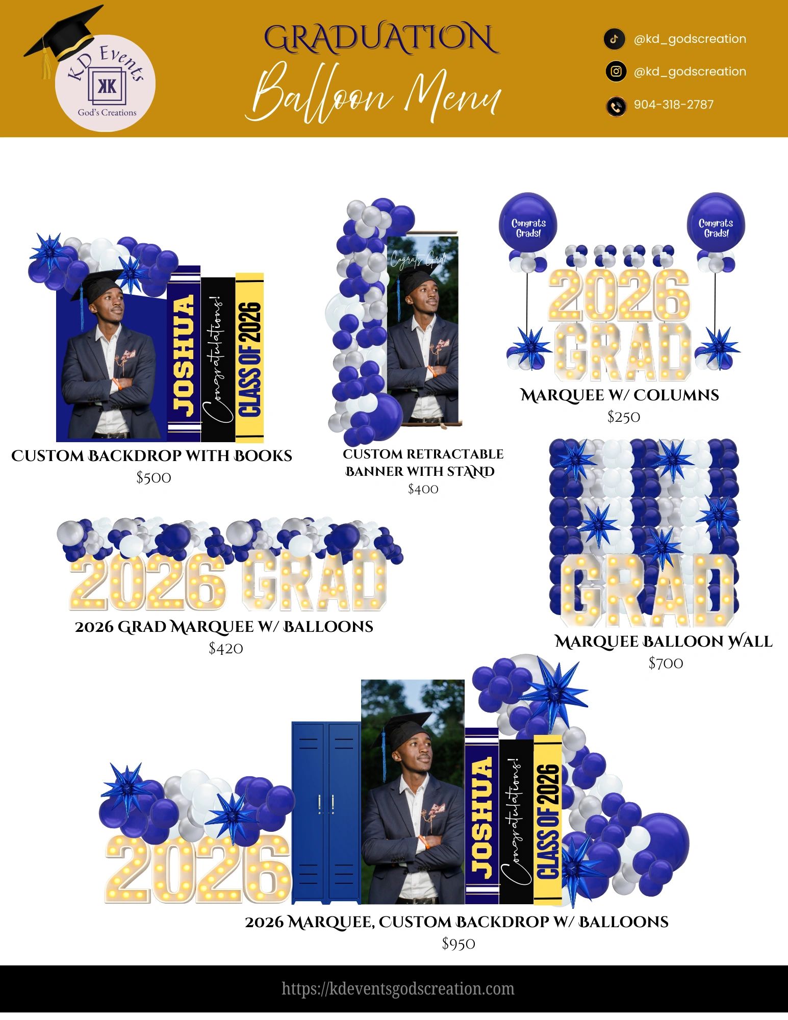 Graduation balloon menu with various custom balloon decorations and pricing.
