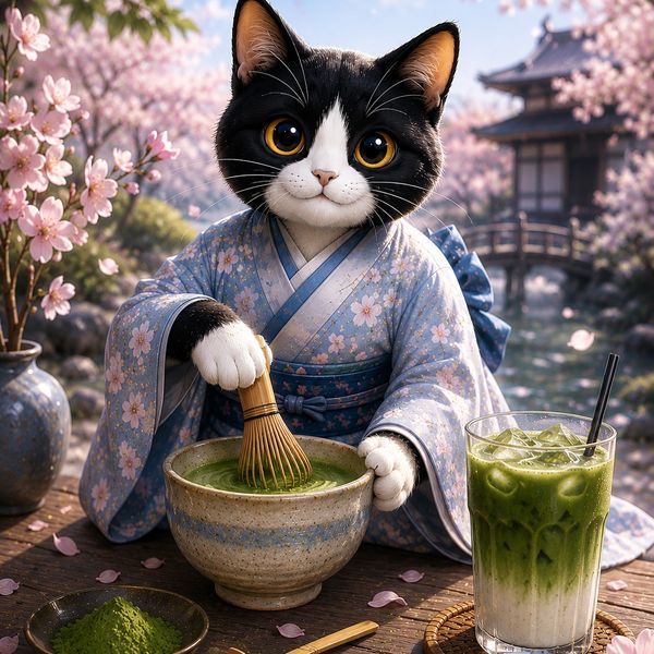 A cat in a kimono making matcha tea in a serene Japanese garden.