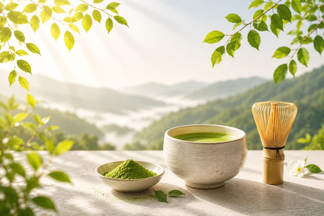 A serene scene with matcha tea, powder, and whisk against a mountain backdrop.
