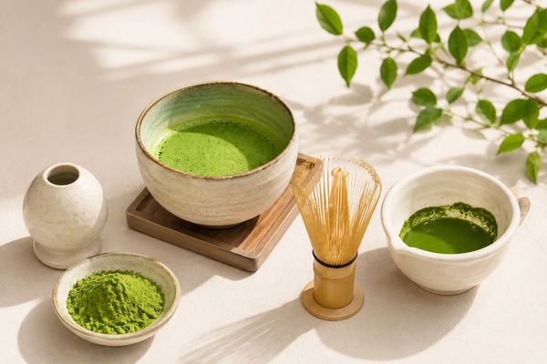 Traditional matcha tea setup with whisk and bowls on a bright surface.