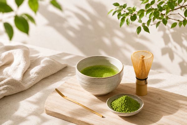 A serene matcha tea setup with green tea, bamboo whisk, and scoop on a wooden board.