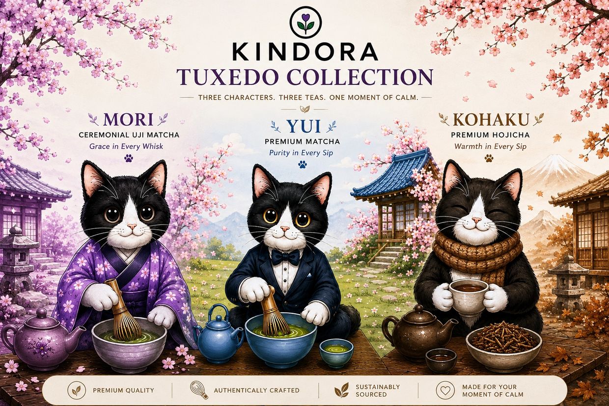 Three cats in traditional attire enjoying different teas in a serene garden setting.