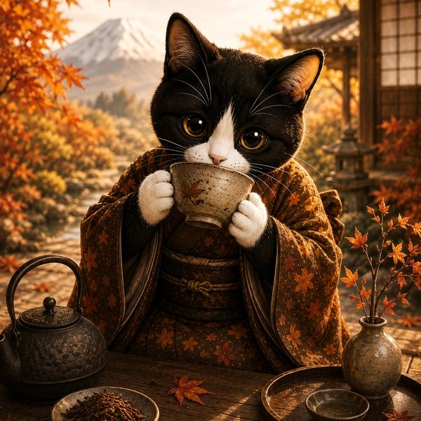 A cat in traditional attire drinks tea in an autumn Japanese garden.