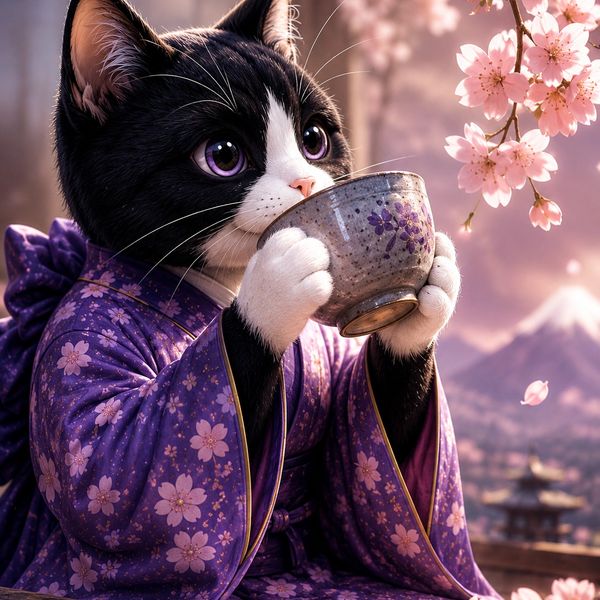 A cat in a purple kimono sipping tea under cherry blossoms.