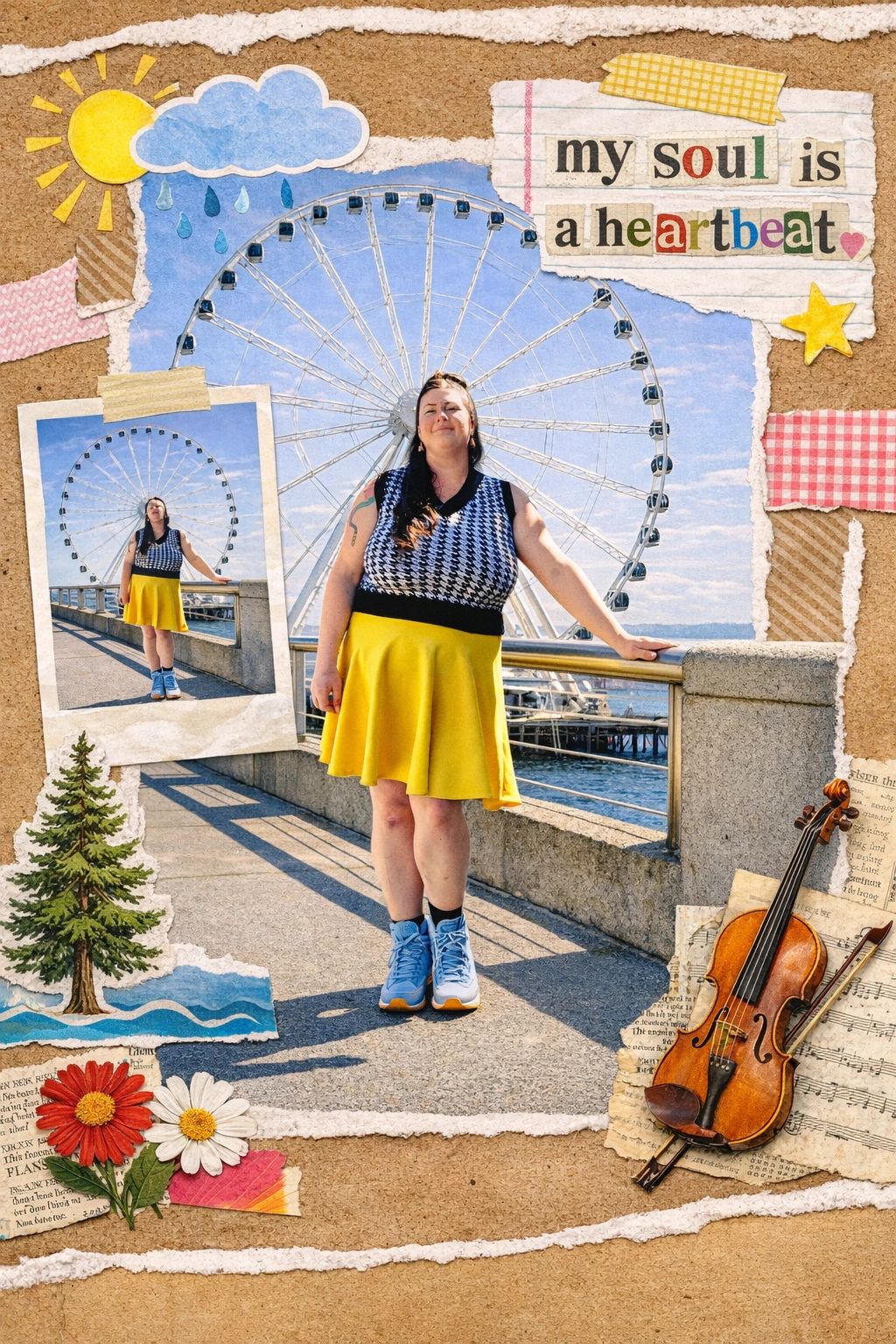 Woman posing near a Ferris wheel with scrapbook-style decorations and text.