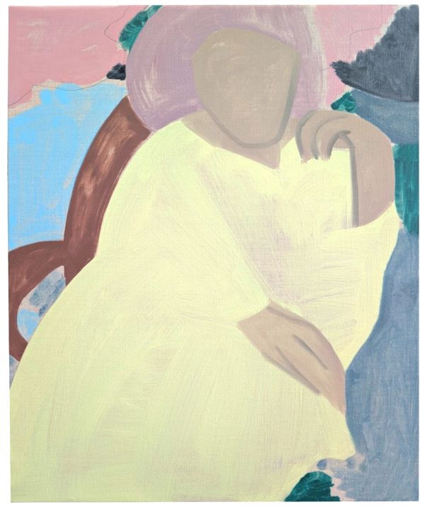 Abstract painting of a person in light clothing.