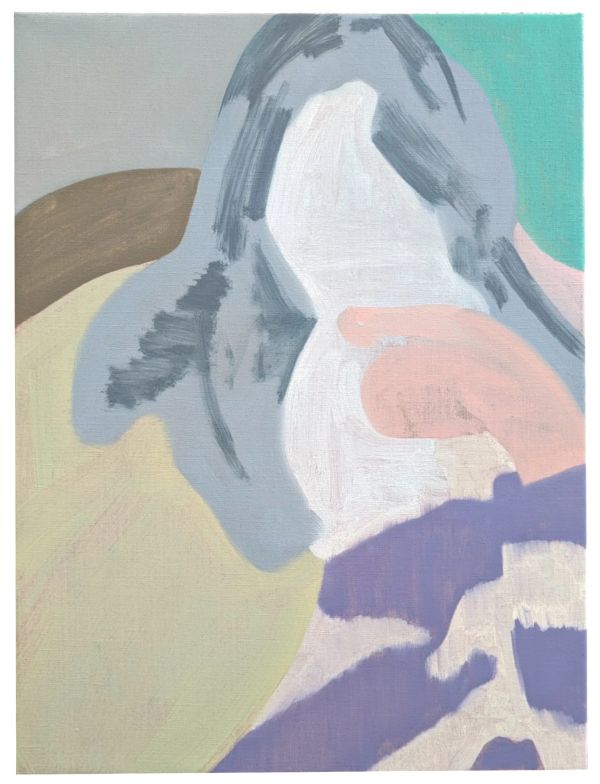 Abstract painting with muted colors and minimal facial features.