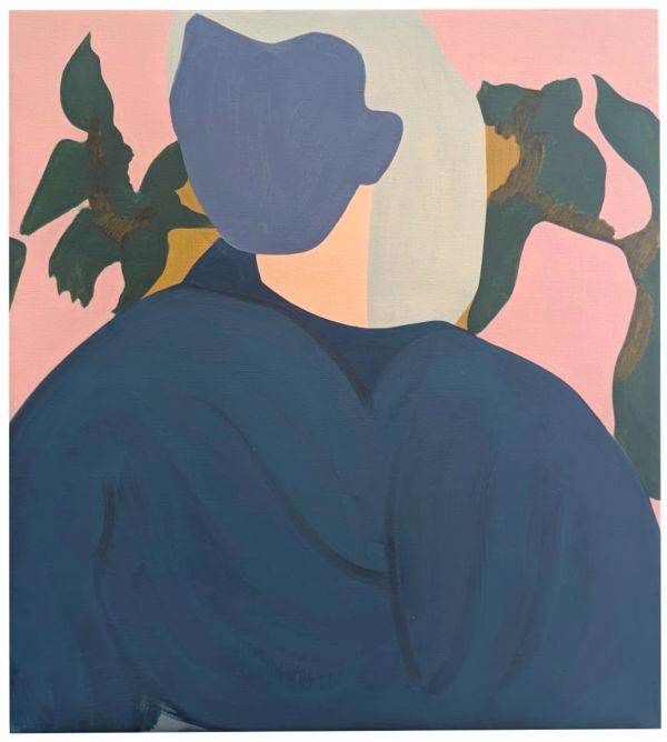 Abstract painting of a faceless figure with plants.