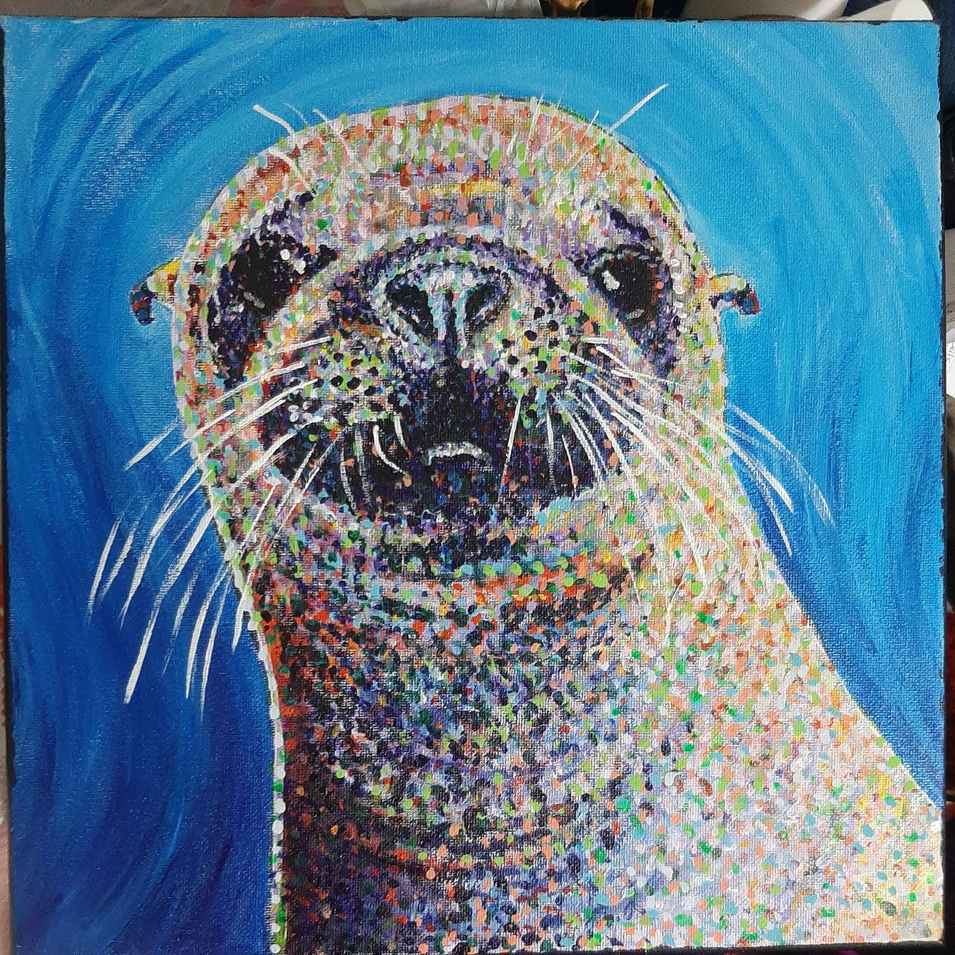 acrylic painting using pointillism style of a seal in rippling water