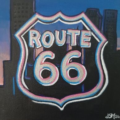 Acrylic painting of Route 66 sign with Tulsa, OK skyline and sunset in background