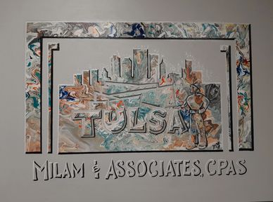 Acrylic fluid pour style of Tulsa, OK skyline and popular icons, found at Milam & Associates CPAS 