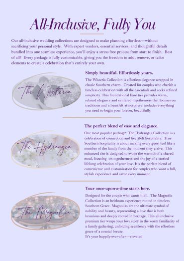 Elegant wedding collection brochure highlighting three themed packages for a stress-free celebration.