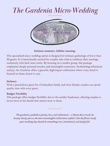 Elegant micro-wedding package designed for intimate celebrations of fewer than 30 guests.