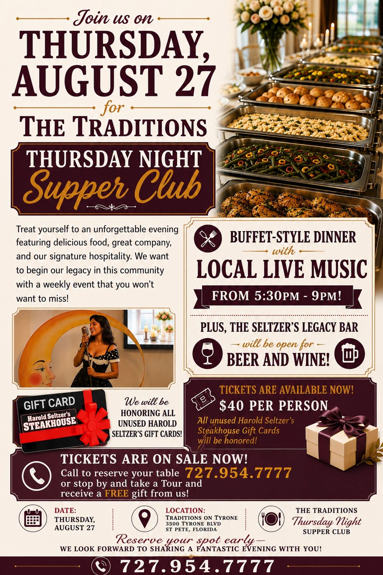 Event flyer for Thursday Night Supper Club with buffet dinner, live music, and local bar.