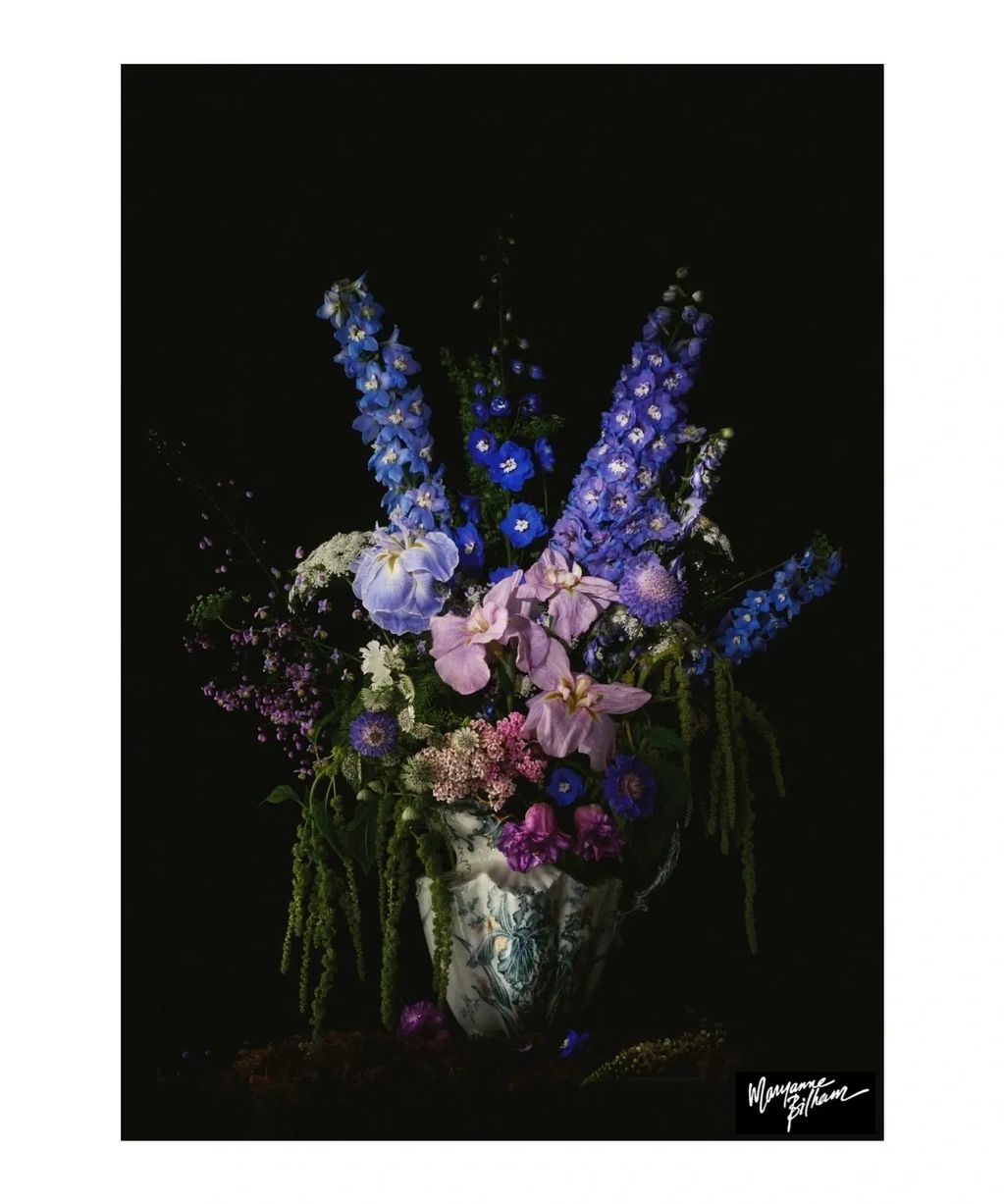 Elegant bouquet of blue and pink flowers in a decorative vase against a black background.