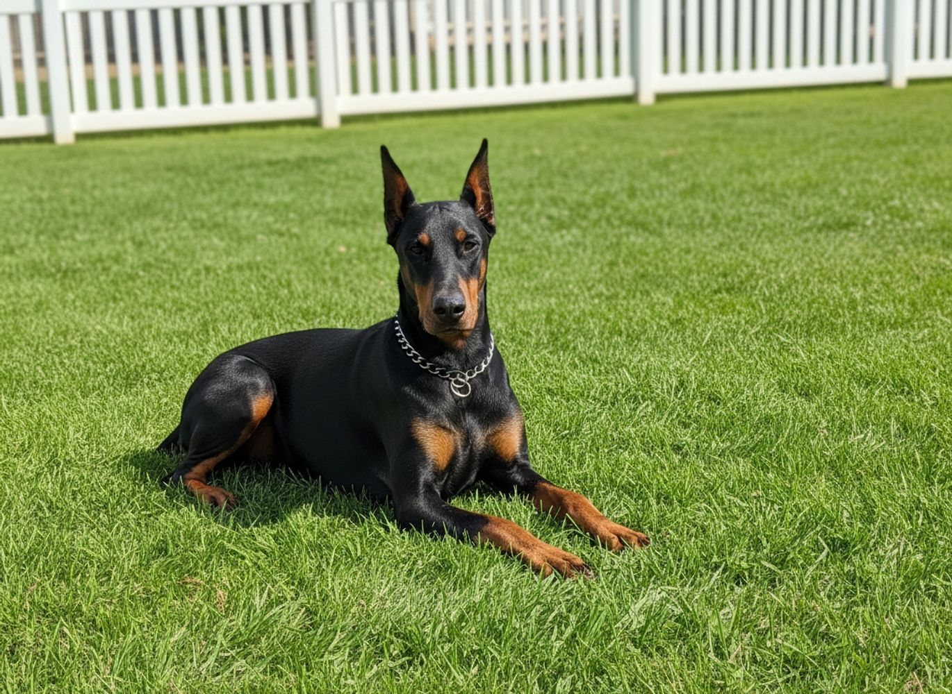 Doberman lying on green grass in a fenced yard.