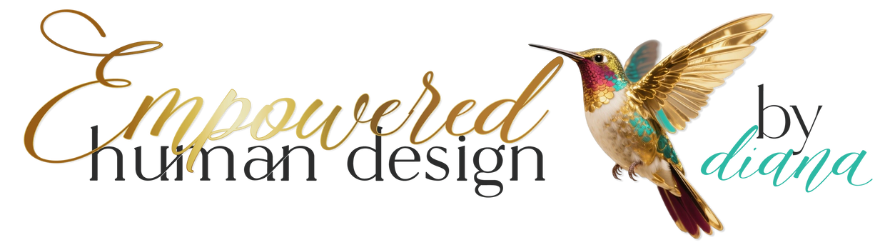 Logo featuring a golden hummingbird and elegant text "Empowered human design by diana".